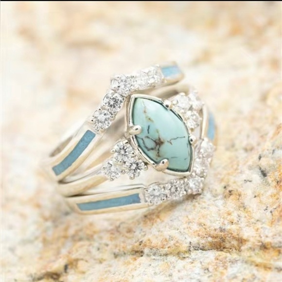 unbranded Jewelry - 3Pc Silver Turquoise Ring Set Moissanite Stone Women Christmas Gift